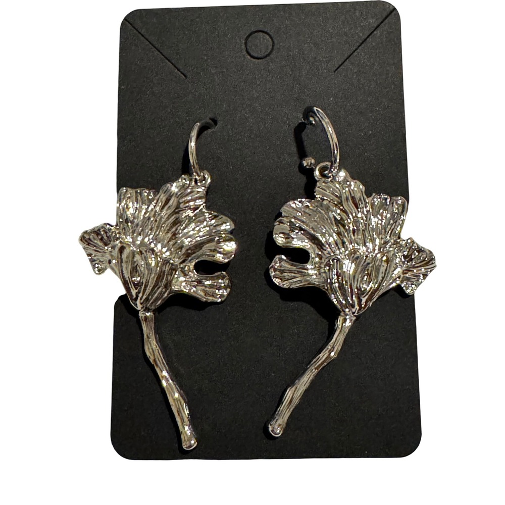 Silver Tone Textured Flower Drop Earrings Statement Botanical Long Stem Dangle